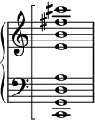 
  \new PianoStaff <<
    \set PianoStaff.connectArpeggios = ##t
    \override PianoStaff.Arpeggio.stencil = #ly:arpeggio::brew-chord-bracket

    \new Staff \relative {
      \omit Staff.TimeSignature
      <e' b' fis' cis'>1\arpeggio
    }
    \new Staff \relative {
      \clef bass
      \omit Staff.TimeSignature
      <c, g' d' a'>1\arpeggio
    }
  >>
