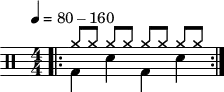 
\version "2.22.0"
\header { tagline = ##f}
\score {
  \drums \with {midiInstrument = "drums"}
  \with { \numericTimeSignature }
  {
    \repeat volta 2 {
      <<
        \tempo 4 = 80-160
        \bar ".|:"
        {
          cymra8 [cymra] cymra [cymra]  cymra [cymra] cymra [cymra]
        }\\{bd4 sne bd sne}
      >>\break
    }
  }
  \layout {}
}
\score {
  \unfoldRepeats {
    \drums \with {midiInstrument = "drums"}{
      \repeat volta 2 {

        <<
          \tempo 4 = 80-160
          \bar ".|:"
          {
            cymra8 [cymra] cymra [cymra]  cymra [cymra] cymra [cymra]
          }\\{bd4 sne bd sne}
        >>\break
      }
    }
  }
  \midi { \tempo  4 = 90 }
}
