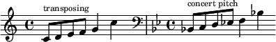  \relative {
    \cadenzaOn
    \clef treble \key c \major
    c'8[ ^ \markup \tiny "transposing" d e f] g4 c
    s4 \bar "|"
    \clef bass \key bes \major \time 4/4
    bes,,!8[ ^ \markup \tiny "concert pitch" c d ees!] f4 bes!
  }