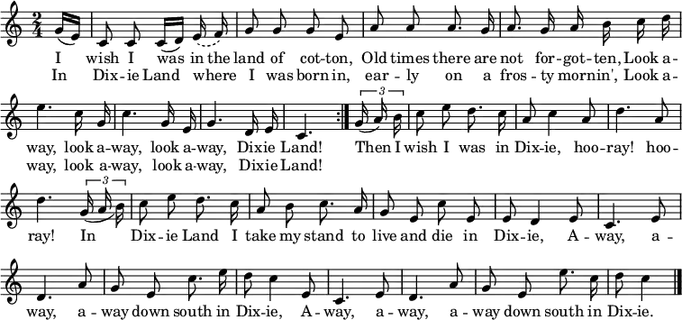 
\header { tagline = ##f }
\layout { indent = 0 \context { \Score \remove "Bar_number_engraver" } }

voice = \fixed c' { \set Staff.midiInstrument = "brass section" \time 2/4 \key c \major \autoBeamOff
\repeat volta 2 { \partial 8 g16( [e]) | c8 8 16( [d]) \slurDashed e( f) \slurSolid | g8 g g e |
  a a a8. g16 | a8. g16 a b c' d' | e'4. c'16 g | c'4. g16 e | g4. d16 e | c4. }
\tuplet 3/2 { g16 (a) b } | c'8 e' d'8. c'16 | a8 c'4 a8 | d'4. a8 | d'4.
\tuplet 3/2 { \slurDown g16 (a b) } |
c'8 e' d'8. c'16 | a8 b c'8. a16 | g8 e c' e | 8 d4 e8 |
c4. e8 | d4. a8 | g e c'8. e'16 | d'8 c'4 e8 |
c4. e8 | d4. a8 | g e e'8. c'16 | d'8 c'4 \bar "|."
}
verse = \lyricmode {
<< { I wish I was \set ignoreMelismata = ##t in the \unset ignoreMelismata land of cot -- ton,
     Old times there are not for -- got -- ten,
     Look a -- way, look a -- way, look a -- way, Dix -- ie Land! }
   \new Lyrics \lyricmode { In Dix -- ie Land where _ I was born
      in, ear -- ly on a fros -- ty morn -- in',
      Look a -- way, look a -- way, look a -- way, Dix -- ie Land! }
   >>
Then I wish I was in Dix -- ie, hoo -- ray! hoo -- ray!
In Dix -- ie Land I take my stand to live and die in Dix -- ie,
A -- way, a -- way, a -- way down south in Dix -- ie,
A -- way, a -- way, a -- way down south in Dix -- ie.
}

\score {
  \new Voice { \voice }
  \addlyrics { \verse }
  \layout { }
}
\score { \unfoldRepeats { \voice } \midi { \tempo 4 = 102 } }
