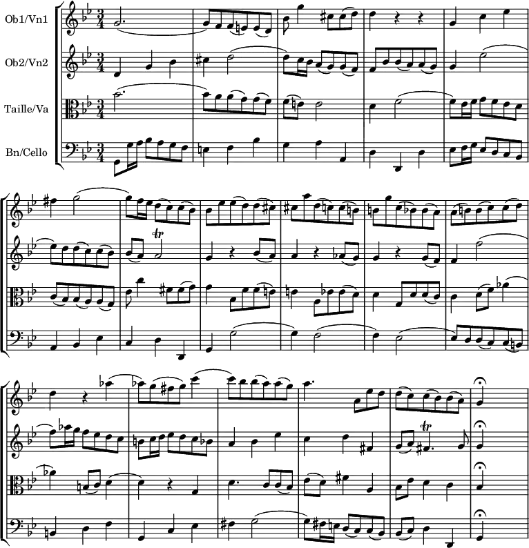 \new StaffGroup <<
\override Score.BarNumber #'transparent = ##t
\new Staff \with { instrumentName = "Ob1/Vn1" } \transpose c c'
{\clef treble
\key g \minor
\time 3/4
\set Staff.midiInstrument = "oboe"
g2. (| g8) f f(e) e (d)| bes g'4 cis'8 cis' (d') | d'4 r r | g c' es' | fis' g'2 ( |
g'8) f'16 es' d'8 (c') c' (bes) | bes es' es' (d') d' (cis')| cis' a' d'(c') c' (b) |
b g' c' (bes) bes (a)| a (b) b(c') c'(d')| d'4 r aes'( | aes'8) g'( fis' g') c''4( |
c''8) bes' bes'(a') a'(g') | a'4. a8 es' d' | d' (c') c' (bes) bes (a) | g4\fermata s s | }
\new Staff \with { instrumentName = "Ob2/Vn2" } \transpose c c'
{\clef treble
\time 3/4
\key g \minor
\set Staff.midiInstrument = "viola"
d4 g bes | cis' d'2 (| d'8) c'16 bes a8 (g) g (f) | f bes bes (a) a (g) | g4 es'2 ( |
es'8) d' d' (c') c' (bes) | bes (a) a2\trill | g4 r bes8 (a) | a4 r aes8 (g) | g4 r g8 (f) |
f4 f'2 ( | f'8) aes'16 g' f'8 es' d' c' | b c'16 d' es'8 d' c' bes | a4 bes es' |
c' d' fis | g8 (a) fis4.\trill g8 | g4\fermata s s| }
\new Staff\with { instrumentName = "Taille/Va" } \transpose c c'
{\clef alto
\key g \minor
\time 3/4
\set Staff.midiInstrument = "english horn"
bes2.( | bes8) a a (g) g(f) | f (e) e2 | d4 f2 ( | f8) es16 f g8 f es d | c (bes,) bes, (a,) a, (g,) |
es8 c'4 fis8 fis (g) | g4 bes,8 f f(e) | e4 a,8 es es (d) | d4 g,8 d d (c) |
c4 d8 (f) aes4 ( | aes) b,8 (c) d4 ( | d) r g, | d4. c8 c (bes,) | es (d) fis4 a, |
bes,8 es d4 c | bes,\fermata s s| }
\new Staff \with { instrumentName = "Bn/Cello" } {
\clef bass
\key g \minor
\time 3/4
\set Staff.midiInstrument = "bassoon"
g,8 g16 a bes8 a g f | e4 f bes | g a a, | d d, d | es8 f16 g es8 d c bes, | a,4 bes, es |
c d d, | g, g2 (| g4) f2 ( | f4) es2 ( | es8) d d (c) c (b,)| b,4 d f | g, c es |
fis g2 ( | g8) fis16 e d8 (c) c (bes,) | bes, (c) d4 d, | g,\fermata s s | }
>>
\layout { indent = 2\cm }
\midi {\tempo 4 = 72 }