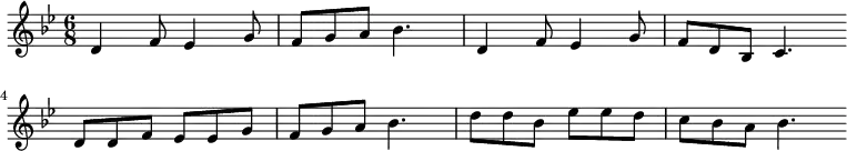 
\new Staff <<
\clef treble \key bes \major {
      \time 6/8 \partial 2.     
      \relative d' {
	d4 f8 es4 g8 | f8 g a bes4. | d,4 f8 es4 g8 | f8 d bes c4. \bar"" \break
        d8 d f es es g | f8 g a bes4. | d8 d bes es es d | c8 bes a bes4. \bar"" \break
      }
    }
%\new Lyrics \lyricmode {
%}
>>
\layout { indent = #0 }
\midi { \tempo 4. = 56 }
