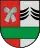 A coat of arms depicting two grey sheaves of wheat on a red background on the left and six black, curved lines on a grey background on the right