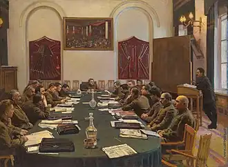 Socialist realist - Assembly of the Revolutionary Military Council of the USSR, Chaired by Kliment Voroshilov; by Isaak Brodsky; 1929; oil on canvas; 95.5 x 129.5&nbsp;cm; private collection[120]