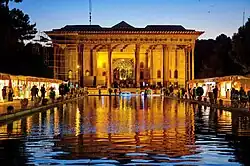 Photograph of Chehel Sotoun pavillion at twilight