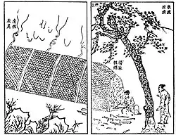 Image from the 17th-century technical document Tiangong Kaiwu detailing how pine is burned in a furnace at one end and its soot collected at the other for making inkstick (松烟制墨法), China.