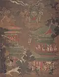 Court ladies wearing the Tang and Song dynasty style clothing, from the painting Royal Palace Mandala, late Goryeo