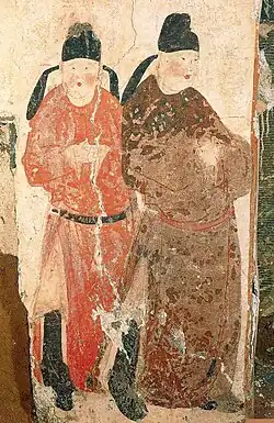 Men wearing round collar gowns with boots, belt, trousers; Mural painting from the Tomb of Wang Chuzhi, Five Dynasties and Ten Kingdoms period.