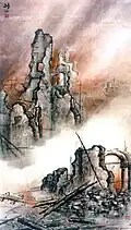 Gao Jianfu (1879–1951), Fire on the Eastern Battlefield, Chinese: 東戰場的烈焰, ink and color on Xuan paper, 1930s, 166 x 92 cm. Lingnan School of Painting in Guangzhou Museum of Art, China.