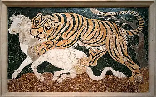 Mosaic. Tiger attacking a calf - Roman artwork from the 2d quarter of the 4th century AD