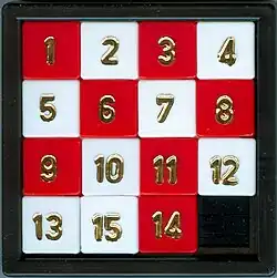 A 15 puzzle in an unsolvable configuration; all of its number tiles are in numerical order, except for the 14 and 15 tiles being swapped.