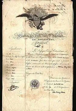 A US passport issued by John Quincy Adams at London in 1815