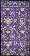 Silk, cotton and gilt-metal-strip-wrapped cotton panel, machine-woven in Scotland c. 1887. The tulip motif is inspired by Turkish textiles.