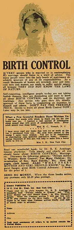 A newspaper advertisement selling birth control products. A woman's head is shown, with text underneath.