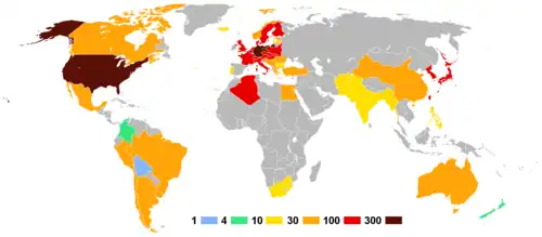 World map with nations shaded by number of athletes