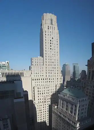 1 Wall Street, a limestone-clad skyscraper, as seen from the east in 2010