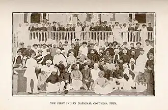 Congress, Bombay, 28 December 1885. Third row (middle) (l. to r.) Dadabhai Naoroji, Hume, W. C. Bonerjee, and Pherozeshah Mehta.