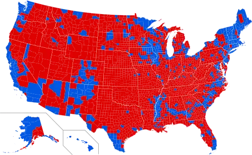 Results by county.[e] Blue denotes counties that went to Obama; red denotes counties that went to Romney. Hawaii, Massachusetts, Rhode Island, and Vermont had all counties go to Obama. Oklahoma, Utah, and West Virginia had all counties go to Romney.