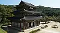 Mireukjeon or Maitreya Hall of Geumsansa Temple, a rare three-tiered structure. A Buddhist temple.