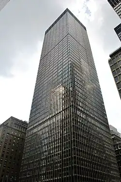 The Union Carbide Building, a glass tower at 270 Park Avenue. The Union Carbide Building's design was inspired by the design of the Seagram Building.
