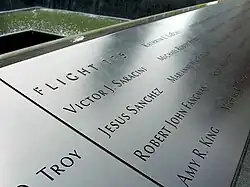 Panel S-2 of the National September&nbsp;11 Memorial & Museum's South Pool, one of three on which the names of victims from Flight&nbsp;175 are inscribed
