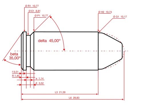 40 S&W maximum C.I.P. cartridge dimensions[2] All sizes in millimeters (mm).