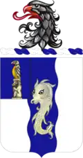 US 50th Infantry Regiment Coat of arms with a totem pole arrangement of a US American eagle and a Russian Bear (signifying transfer of ownership of Alaska from Russia to United States)