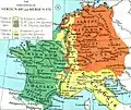 The division of the Carolingian Empire by the Treaty of Verdun in 843