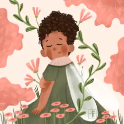 A woman of color closes her eyes and holds her arm, with a small smile and insect wings resting at her back. Pink flowers grow around her.