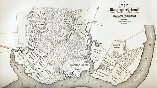 Black and white map showing farms at Mount Vernon