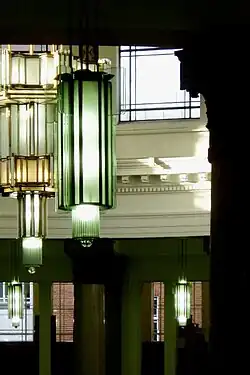 Angular chandeliers by Lanchester & Lodge (c. 1929–1936), Brotherton Library, University of Leeds, West Yorkshire, UK[150]