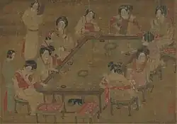 Women wearing qixiong ruqun, Painting of "A palace concert", Tang dynasty, c.836 - 907.