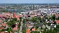 Aerial view of part of Aalborg, showcasing the area in the proximity of Vor Frelser Kirke