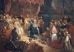 a large crowd gathers around a man on a throne