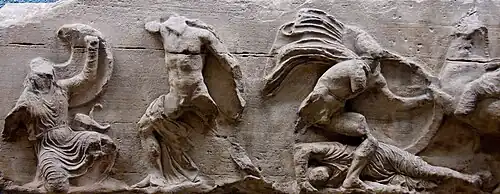 Damaged engravings of a battle scene