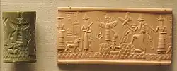 Inscription "Adda, the scribe", hunting god with bow and an arrow, Ishtar with weapons rising from her shoulders, emerging sun-god Shamash, Zu bird of destiny, water god Ea with bull between legs, two-faced attendant god Usimu with right hand raised.[122]