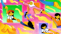 Illustration of various people drawn in yellow standing in different colored boxes, all holding hands and smiling