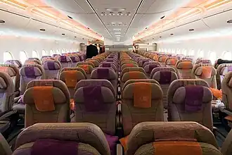Ten-abreast old economy class seating on the main deck on an Emirates A380