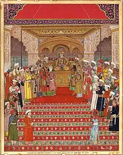 Akbar II in durbar (holding court) in the Diwan-i Khas at the Red Fort, circa 1830