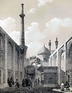 Drawing of street with minaret and mosque in background