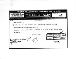 Telegram showing ice warning from the ship Amerika to Titanic