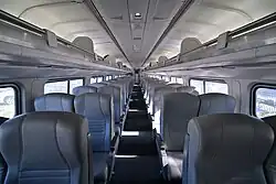 Interior of a single-level passenger railcar with gray seats