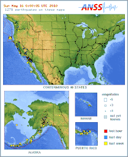 Animated map showing earthquake epicenters worldwide, May 16–22, 2010