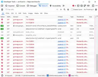 Screenshot of LibreWolf's developer tools on the "Network" tab, with multiple automated connections to "gyrovague.com" made by a JavaScript script (all of them are blocked by the µBlock Origin browser extension)