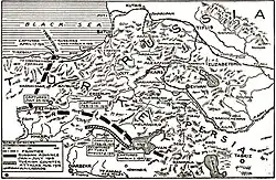 A black and white, detailed map showing geographic territories, borders, and bodies of water with marked front lines across Eastern Turkey and the Caucasus.