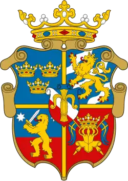 Coat of arms of Prince John as Duke of Finland 1556–1563, with the two-pointed Swedish ensign in the lower right-hand quadrant.