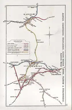 A railway clearing house map, which looks like a rectangular sheet of a paper with coloured lines showing different railway companies' lines. They converge in Oldham at the top, and Ashton at the bottom, with a key showing the colours' corresponding companies.