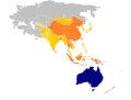 Map showing the Australia in blue, and the nations where Asian Australians originate from in shades of orange