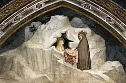 St. Mary Magdalene, in her grotto, with long flaxen hair and a golden halo, receives a luminous rose colored cloak from the Hermit Zosimus.