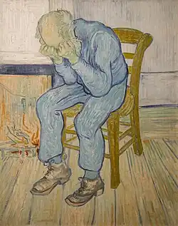 A painting of an old man who sits on a chair with his head in his hands.